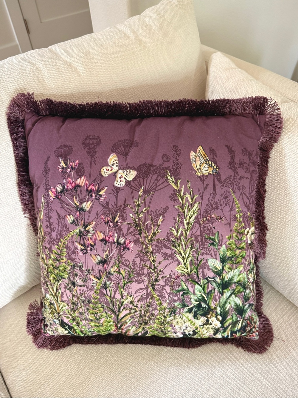 18” Plum Botanical Butterfly Fringe Decorator Pillow Metallic Gold
